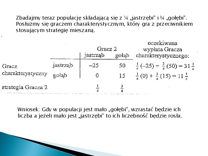 Zbadajmy teraz populację składającą się z ¼ „jastrzębi” i ¾ „gołębi”. Posłużmy się graczem