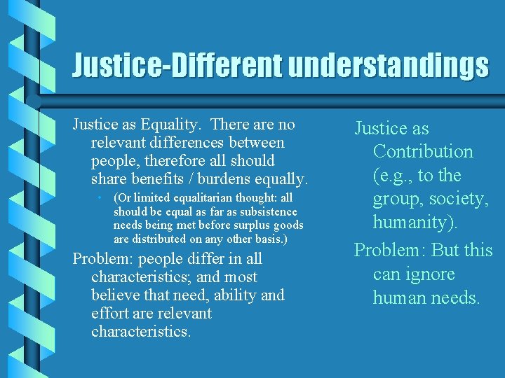 Justice-Different understandings Justice as Equality. There are no relevant differences between people, therefore all