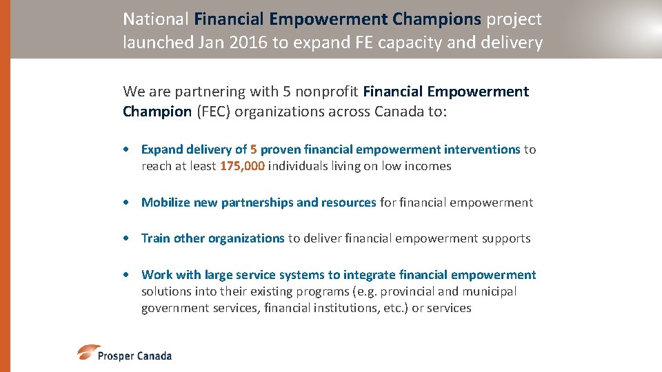 National Financial Empowerment Champions project launched Jan 2016 to expand FE capacity and delivery