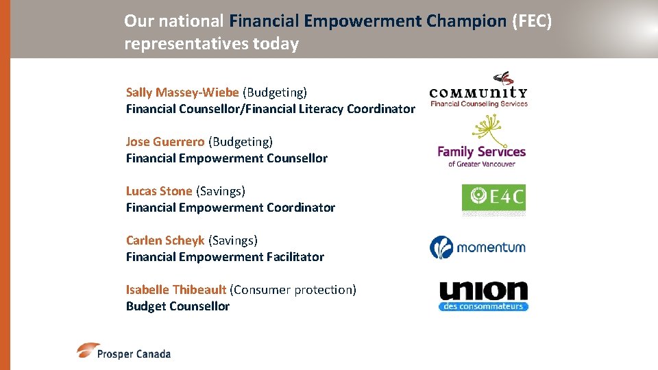 Our national Financial Empowerment Champion (FEC) representatives today Sally Massey-Wiebe (Budgeting) Financial Counsellor/Financial Literacy