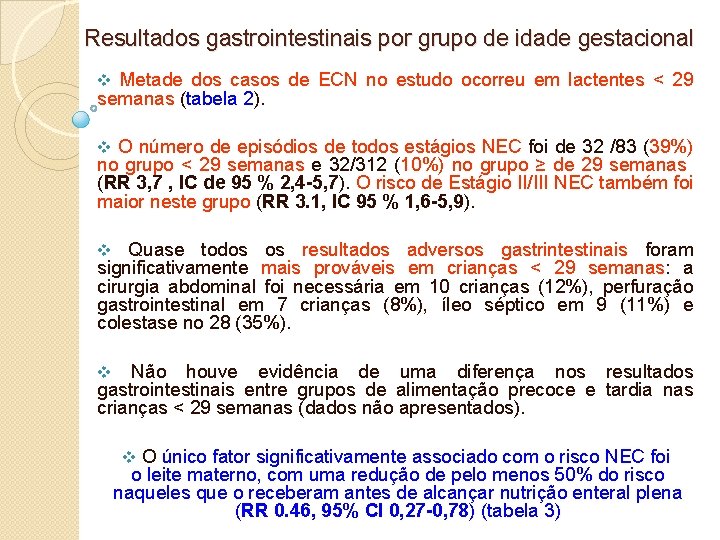  Resultados gastrointestinais por grupo de idade gestacional v Metade dos casos de ECN