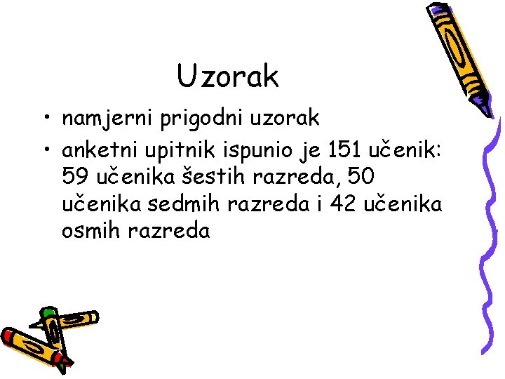 Uzorak • namjerni prigodni uzorak • anketni upitnik ispunio je 151 učenik: 59 učenika