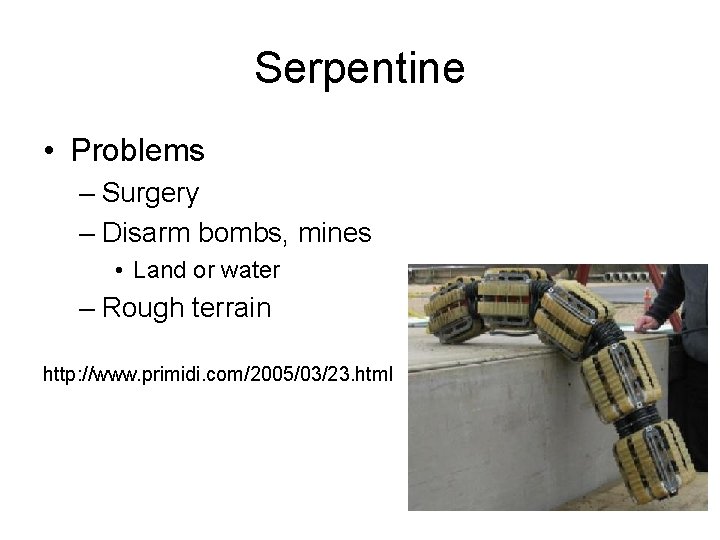 Serpentine • Problems – Surgery – Disarm bombs, mines • Land or water –