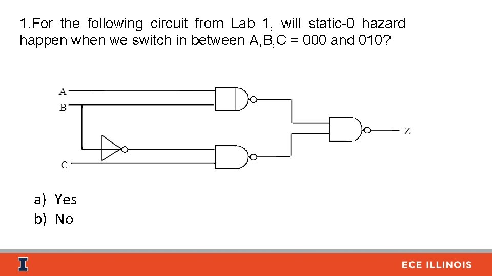 1. For the following circuit from Lab 1, will static-0 hazard happen when we