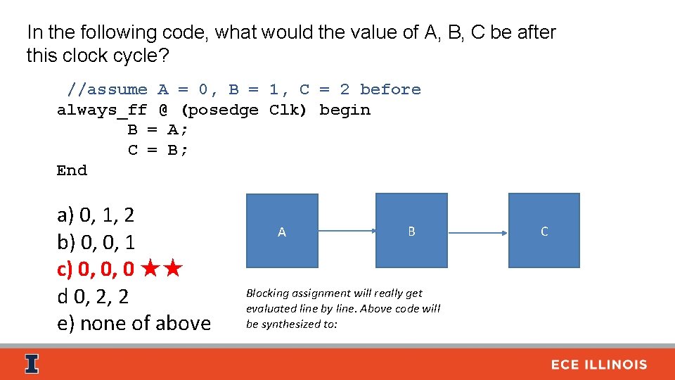 In the following code, what would the value of A, B, C be after