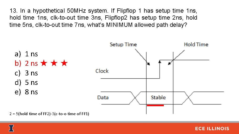 13. In a hypothetical 50 MHz system. If Flipflop 1 has setup time 1