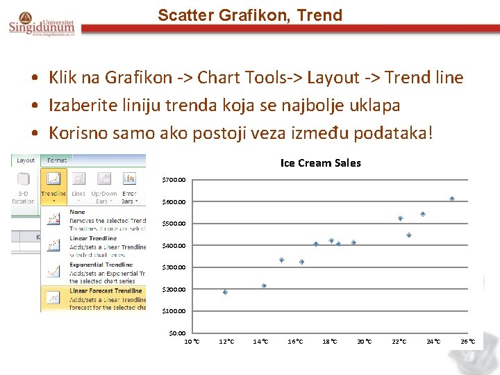 Scatter Grafikon, Trend • Klik na Grafikon -> Chart Tools-> Layout -> Trend line