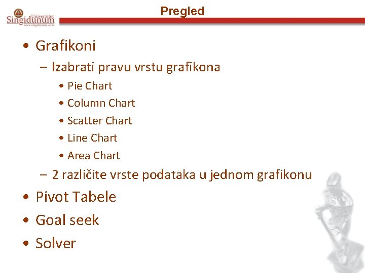 Pregled • Grafikoni – Izabrati pravu vrstu grafikona • Pie Chart • Column Chart