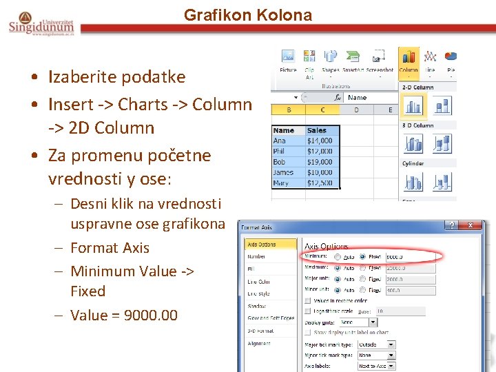 Grafikon Kolona • Izaberite podatke • Insert -> Charts -> Column -> 2 D