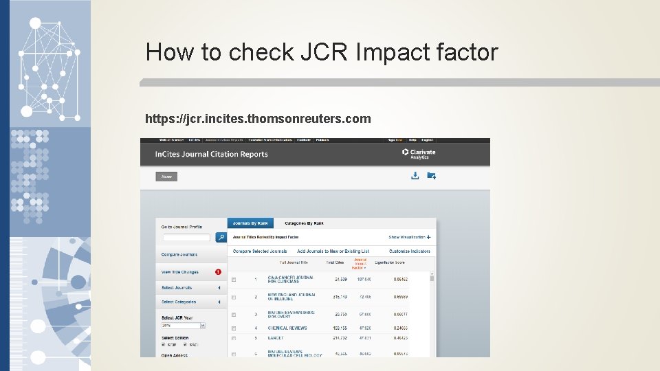 How to check JCR Impact factor https: //jcr. incites. thomsonreuters. com 