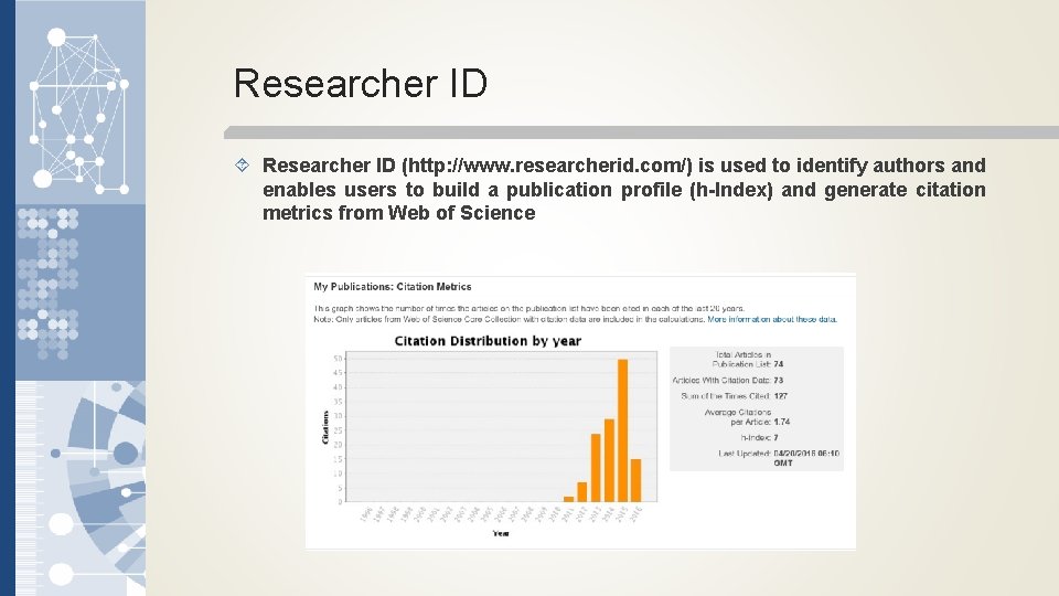 Researcher ID (http: //www. researcherid. com/) is used to identify authors and enables users