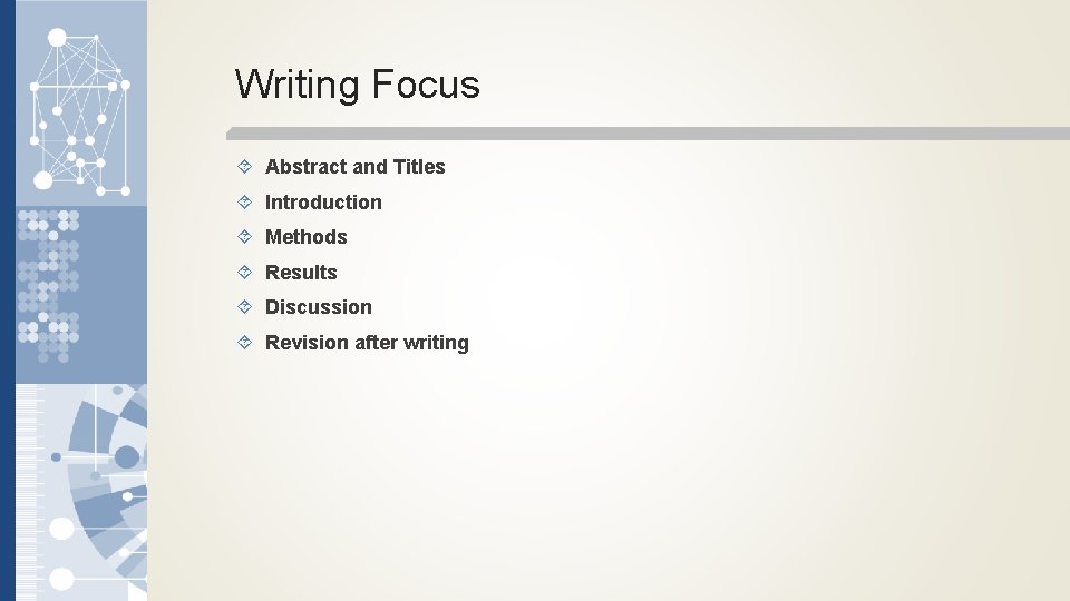 Writing Focus Abstract and Titles Introduction Methods Results Discussion Revision after writing 