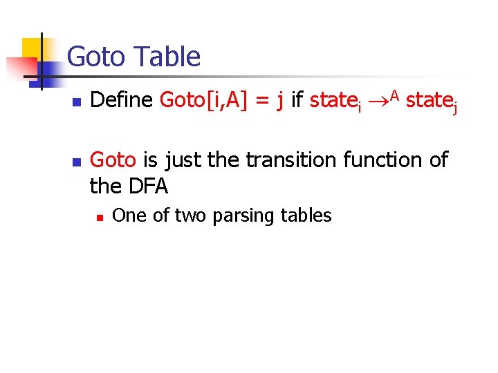 Goto Table n n Define Goto[i, A] = j if statei A statej Goto