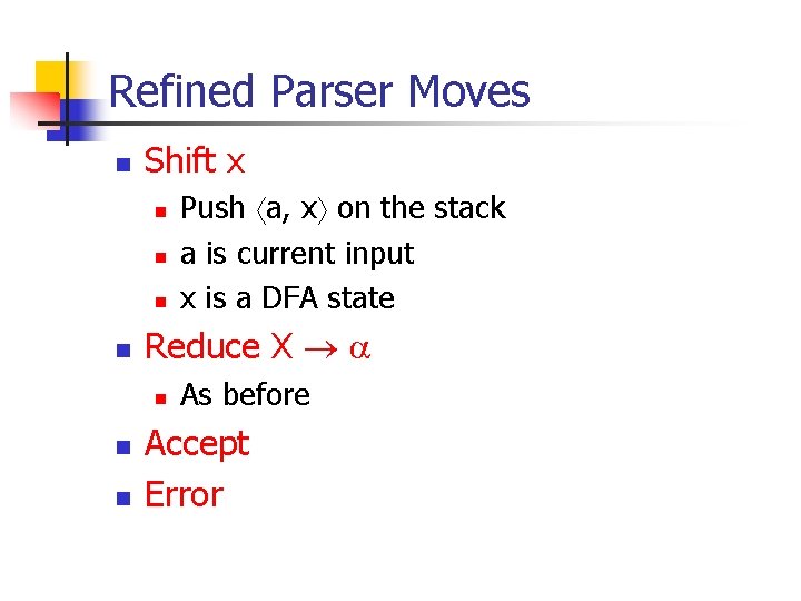 Refined Parser Moves n Shift x n n Reduce X a n n n