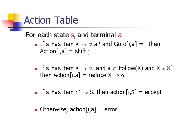 Action Table For each state si and terminal a n n If si has