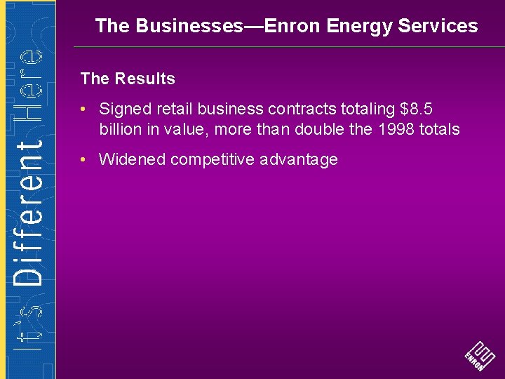 The Businesses—Enron Energy Services The Results • Signed retail business contracts totaling $8. 5