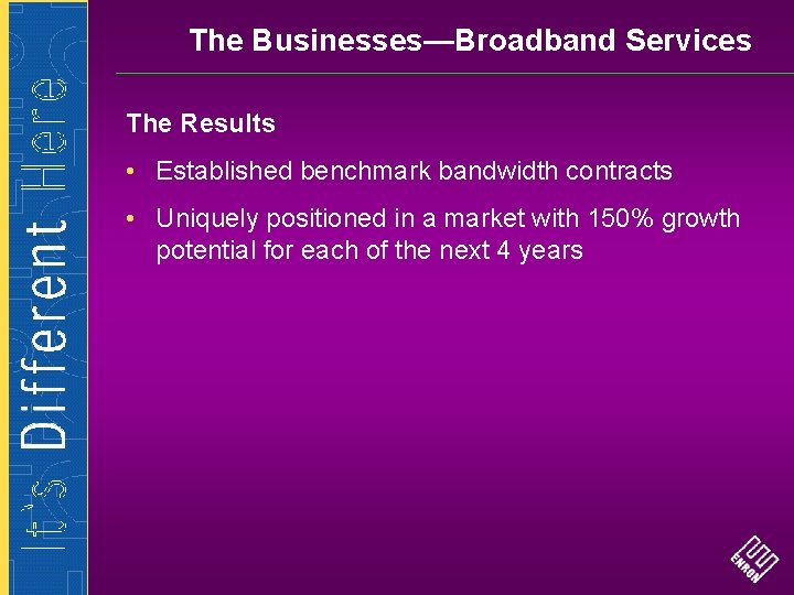 The Businesses—Broadband Services The Results • Established benchmark bandwidth contracts • Uniquely positioned in