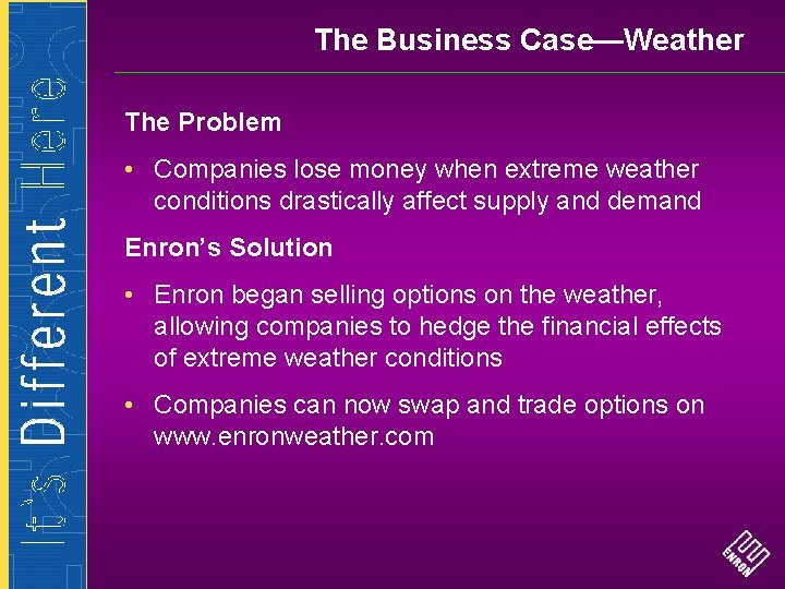 The Business Case—Weather The Problem • Companies lose money when extreme weather conditions drastically