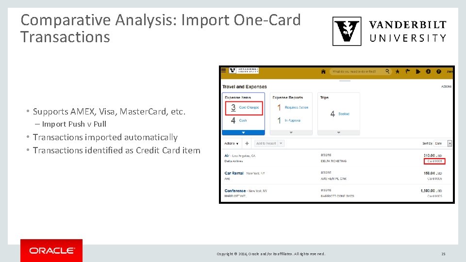 Comparative Analysis: Import One-Card Transactions • Supports AMEX, Visa, Master. Card, etc. – Import