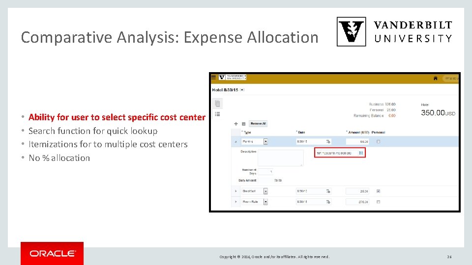 Comparative Analysis: Expense Allocation • • Ability for user to select specific cost center