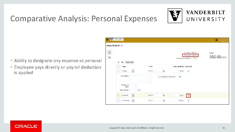 Comparative Analysis: Personal Expenses • Ability to designate any expense as personal • Employee