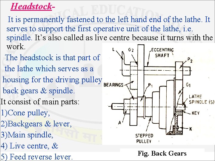 Headstock. It is permanently fastened to the left hand end of the lathe. It