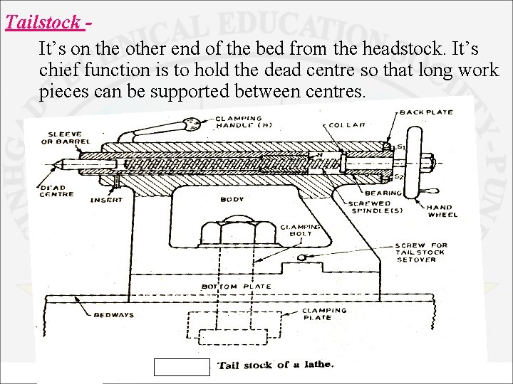 Tailstock It’s on the other end of the bed from the headstock. It’s chief