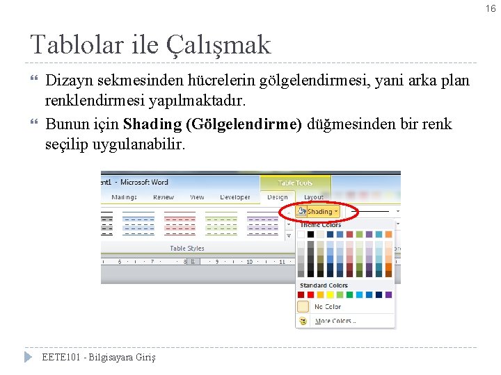 16 Tablolar ile Çalışmak Dizayn sekmesinden hücrelerin gölgelendirmesi, yani arka plan renklendirmesi yapılmaktadır. Bunun