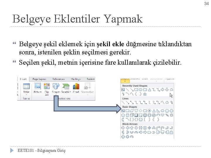 34 Belgeye Eklentiler Yapmak Belgeye şekil eklemek için şekil ekle düğmesine tıklandıktan sonra, istenilen