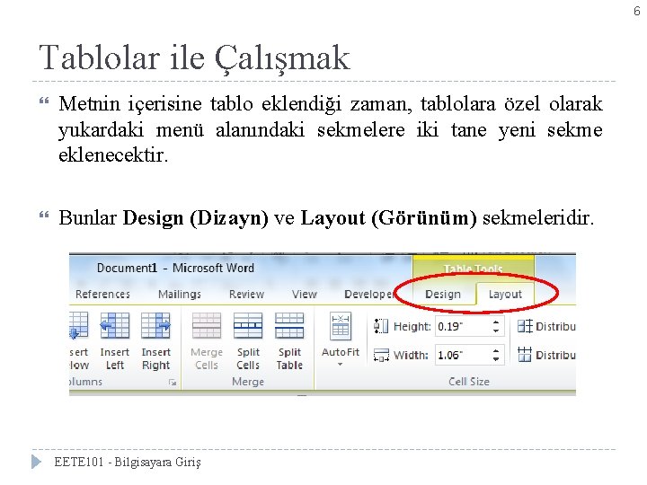 6 Tablolar ile Çalışmak Metnin içerisine tablo eklendiği zaman, tablolara özel olarak yukardaki menü