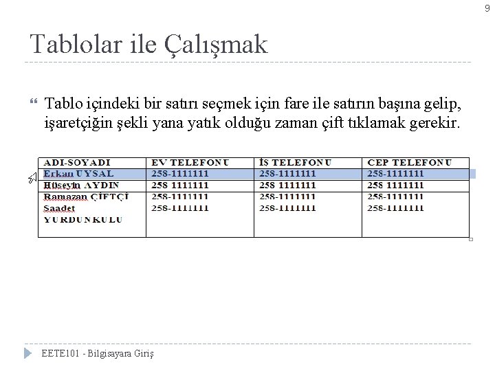 9 Tablolar ile Çalışmak Tablo içindeki bir satırı seçmek için fare ile satırın başına