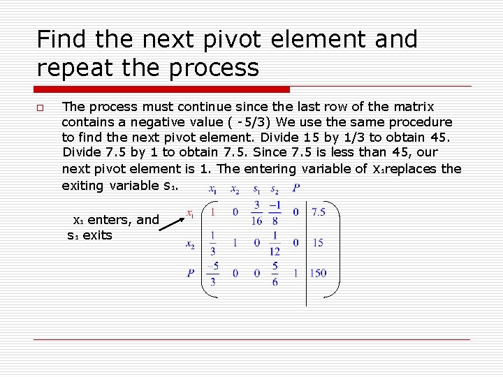 Find the next pivot element and repeat the process o The process must continue Find the next pivot element and repeat the process o The process must continue