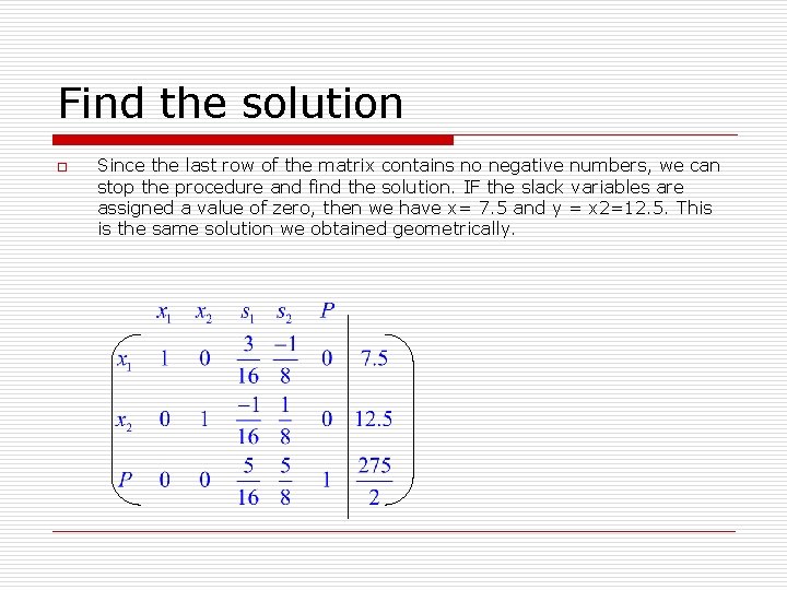 Find the solution o Since the last row of the matrix contains no negative Find the solution o Since the last row of the matrix contains no negative