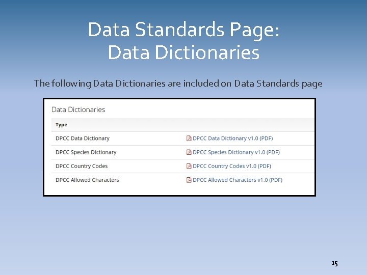 Data Standards Page: Data Dictionaries The following Data Dictionaries are included on Data Standards