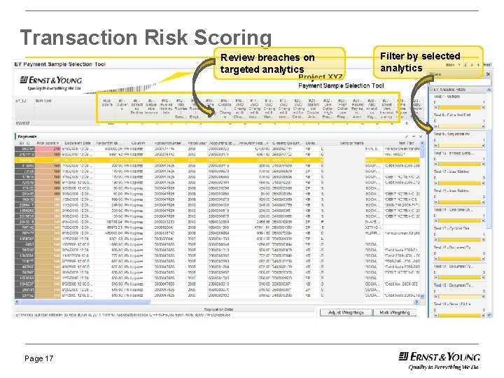 Transaction Risk Scoring Review breaches on targeted analytics Page 17 Filter by selected analytics