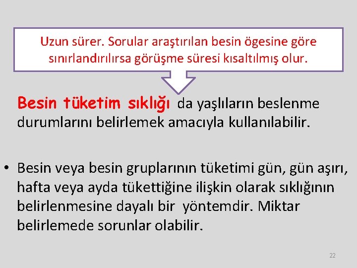 Uzun sürer. Sorular araştırılan besin ögesine göre sınırlandırılırsa görüşme süresi kısaltılmış olur. Besin tüketim