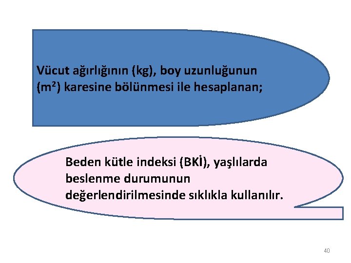 Vücut ağırlığının (kg), boy uzunluğunun (m 2) karesine bölünmesi ile hesaplanan; Beden kütle indeksi