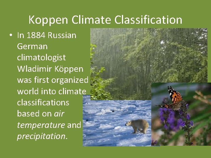 Koppen Climate Classification • In 1884 Russian German climatologist Wladimir Köppen was first organized