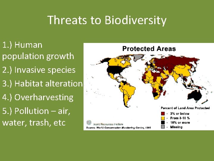 Threats to Biodiversity 1. ) Human population growth 2. ) Invasive species 3. )