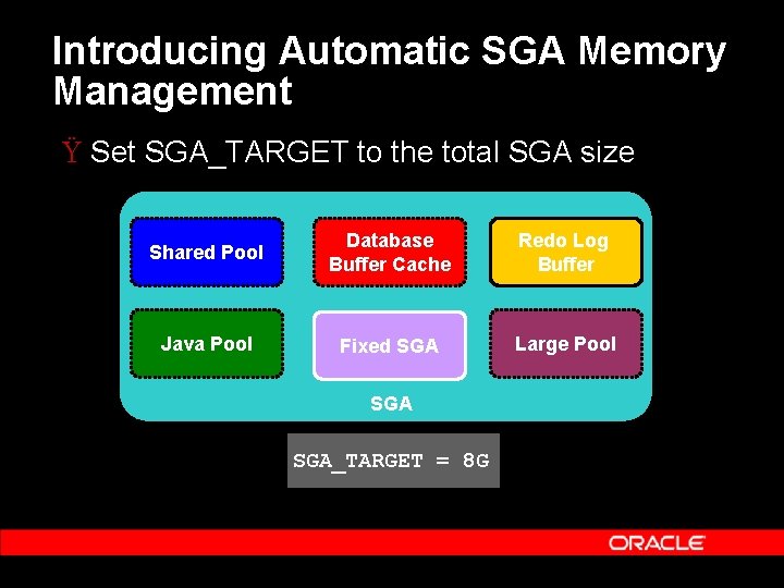 Introducing Automatic SGA Memory Management Ÿ Set SGA_TARGET to the total SGA size Shared