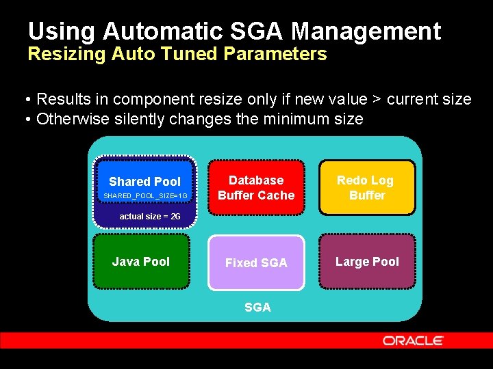 Using Automatic SGA Management Resizing Auto Tuned Parameters • Results in component resize only