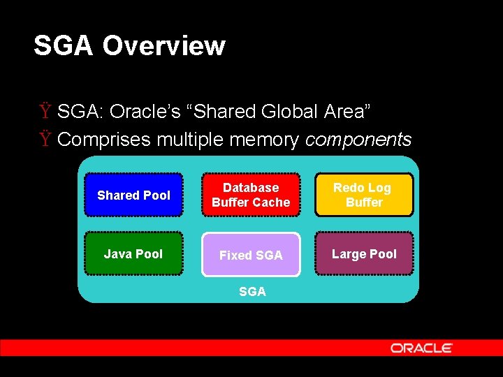 SGA Overview Ÿ SGA: Oracle’s “Shared Global Area” Ÿ Comprises multiple memory components Shared