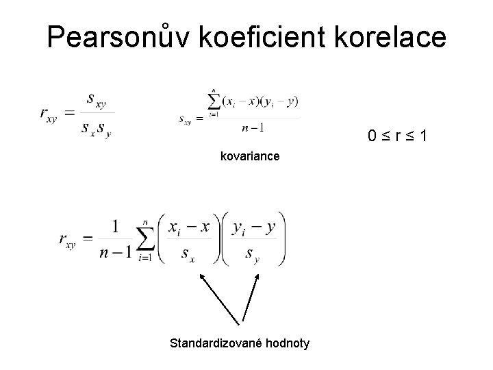 Pearsonův koeficient korelace 0≤r≤ 1 kovariance Standardizované hodnoty 
