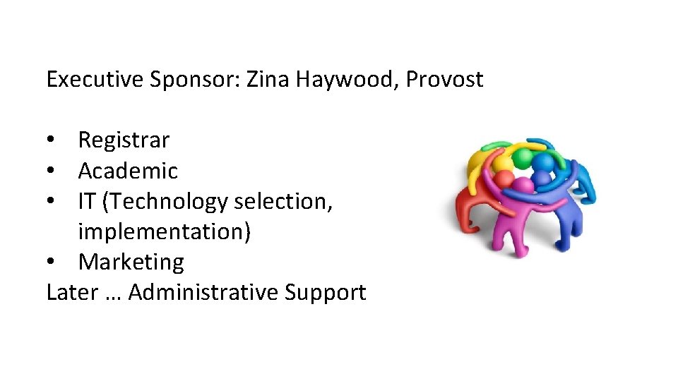 Executive Sponsor: Zina Haywood, Provost • Registrar • Academic • IT (Technology selection, implementation)