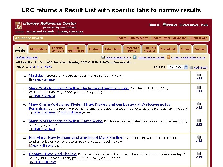 LRC returns a Result List with specific tabs to narrow results 