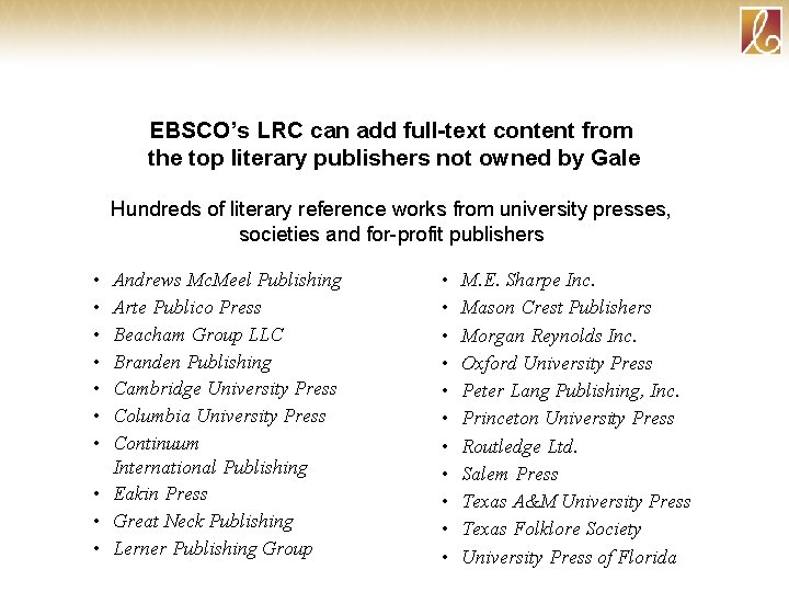 EBSCO’s LRC can add full-text content from the top literary publishers not owned by