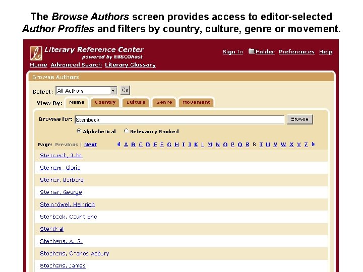 The Browse Authors screen provides access to editor-selected Author Profiles and filters by country,