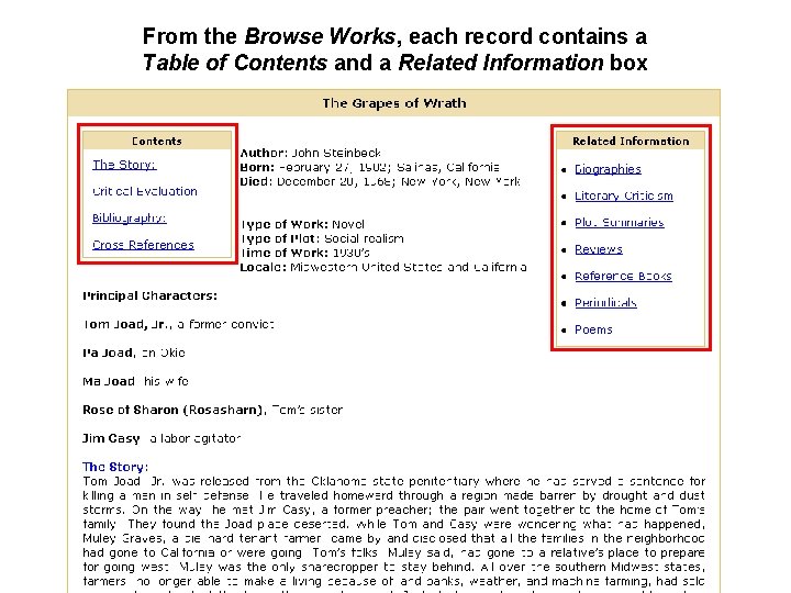 From the Browse Works, each record contains a Table of Contents and a Related