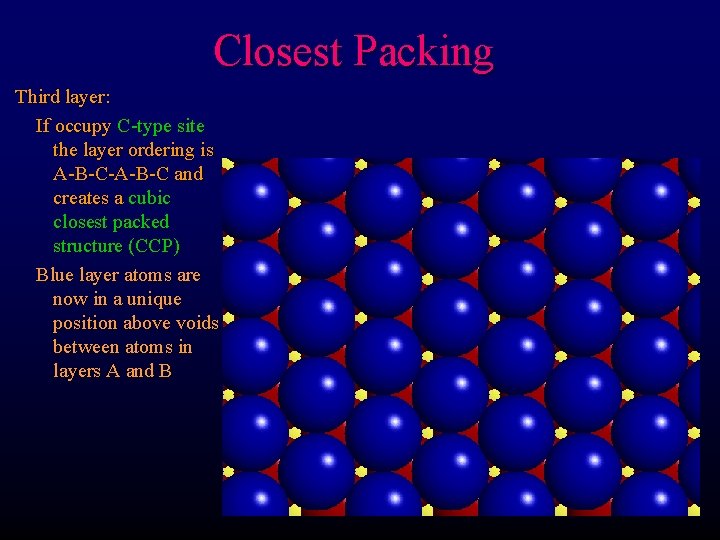 Closest Packing Third layer: If occupy C-type site the layer ordering is A-B-C-A-B-C and