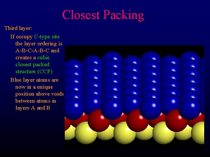 Closest Packing Third layer: If occupy C-type site the layer ordering is A-B-C-A-B-C and